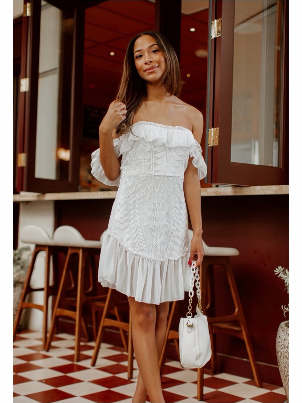 SOHO Off-Shoulder White Embroidered Ruffle Mini Dress